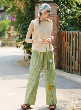 花吉K400绿色条纹彩扣高腰直筒休闲裤女2026新款夏松紧腰九分裤