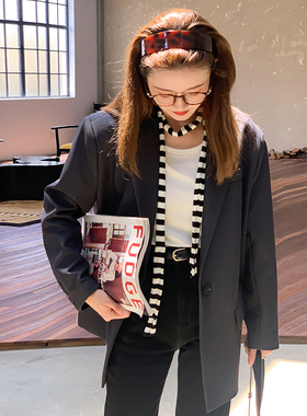 花吉B852深灰色韩系宽松休闲垫肩西装外套女2026年新款早秋