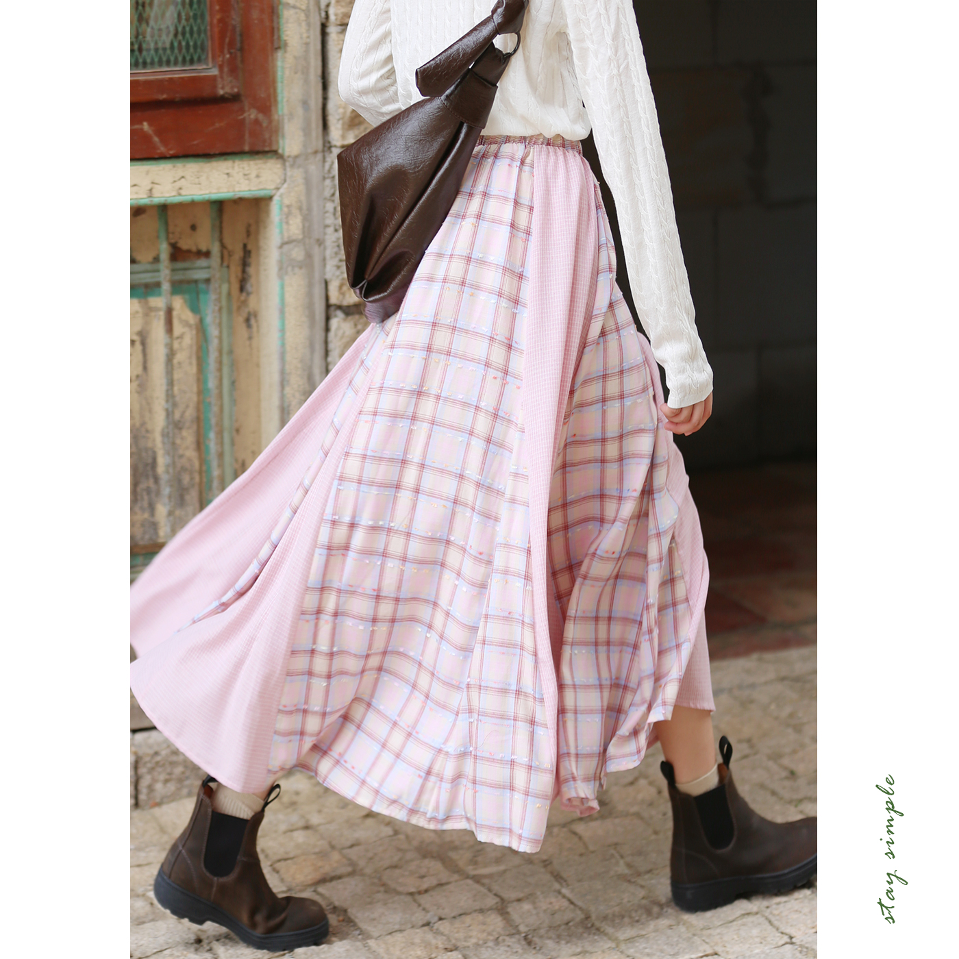 花吉粉色格纹松紧腰大摆裙