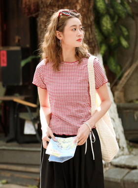 花吉B945莓红色抽绳格子拷边圆领短袖T恤女2025新款夏宽松上衣