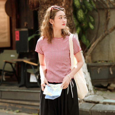 花吉红色抽绳格子圆领短袖T恤