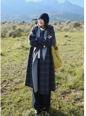 花吉C074灰蓝色格子双面撞色连帽长款系带毛呢大衣女2025新款秋