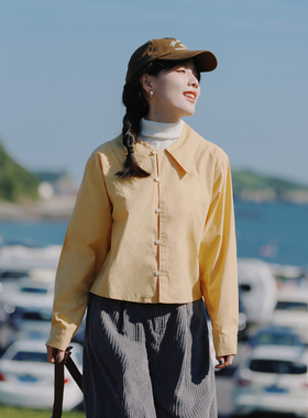 花吉B223蓝色高级感袢扣纯棉尖领廓形衬衫女新款2025年秋全棉衬衣