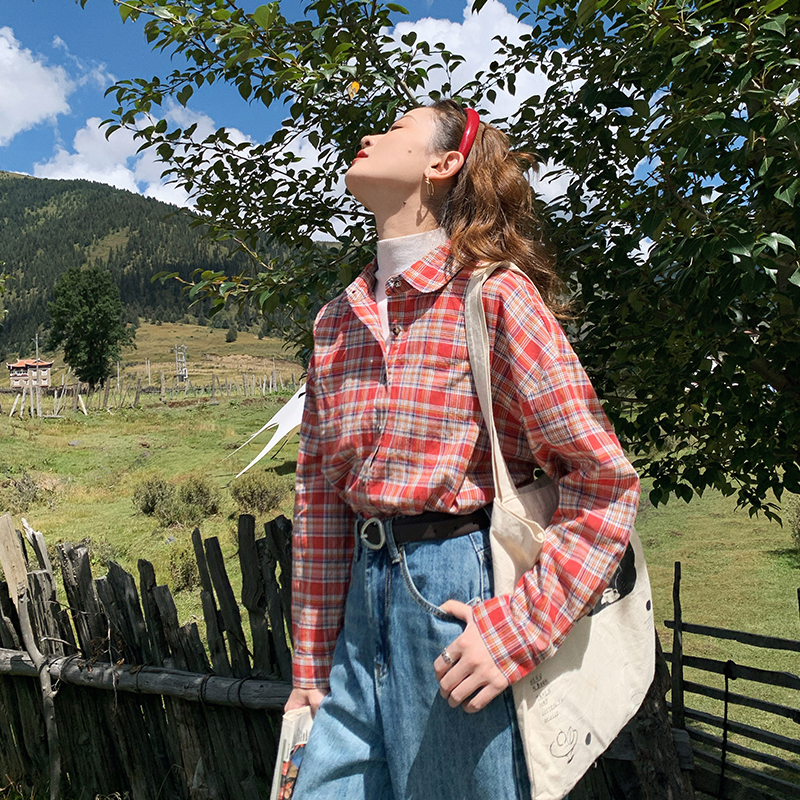 花吉B857橘红色格子条纹衬衫女2025新款秋冬纯棉长袖宽松格纹衬衣