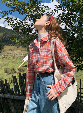 花吉B857橘红色格子条纹衬衫女2025新款秋冬纯棉长袖宽松格纹衬衣