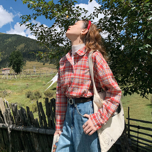 花吉B857橘红色格子条纹衬衫女2026新款秋冬纯棉长袖宽松格纹衬衣