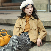 外套女2025新款 花吉B293棕黄色复古人字纹羊毛短款 衬衫 秋冬衬衣