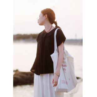 花吉C178黑色日系娃娃领竹节压褶垂感衬衫 夏衬衣 女2026新款