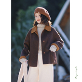花吉C124焦糖咖啡复古撞色领短款 双面呢女2025新款 冬毛呢外套