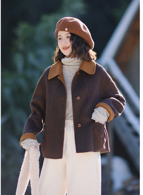 花吉C124焦糖咖啡复古撞色领短款双面呢女2025新款冬毛呢外套