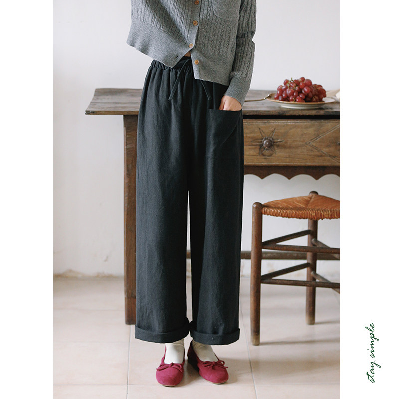 花吉K301黑灰色大口袋松紧腰苎麻棉休闲裤女2025新款春宽松九分裤