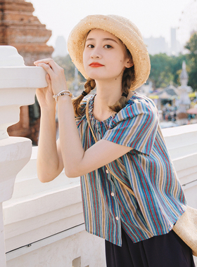 花吉B971彩色两穿领竖条纹纯棉短袖宽松衬衫女2025新款夏条纹衬衣