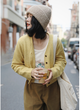 花吉C030灰紫粉百花绒复古V领短款针织开衫女2025新款秋针织衫