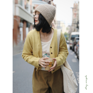 花吉C030灰紫粉百花绒复古V领短款针织开衫女2025新款秋针织衫