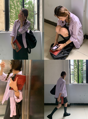 花吉B499紫色纯棉宽松长袖花边领风琴褶衬衫女2026新款秋基础衬衣