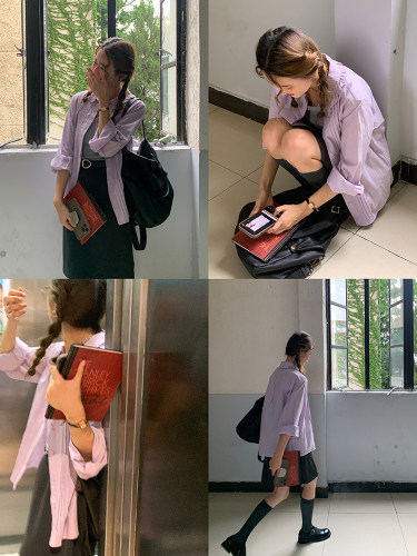 紫色宽松纯棉花边领风琴褶衬衫
