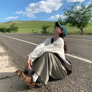 秋裤 子 女2026新款 花吉K366抹茶千层高腰慵懒松弛感宽松条纹阔腿裤