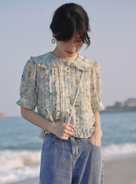 花吉A840【定制不撞衫】蓝色碎花木耳边娃娃领短款衬衫女夏衬衣