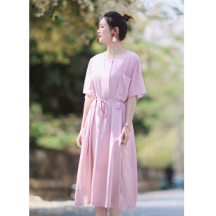 26ss.Part4 温柔贝壳粉柔软系带显瘦直筒连衣裙 花吉0408