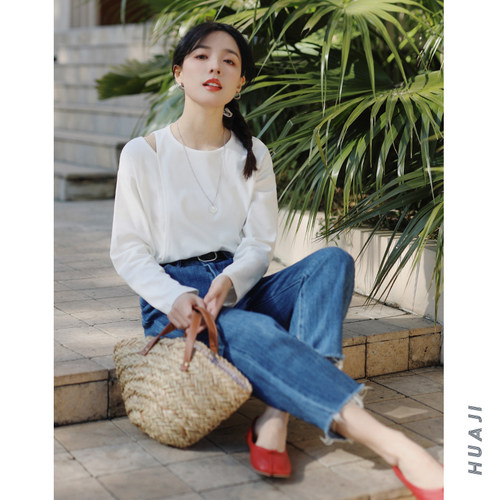 露肩开叉长袖纯棉女T恤
