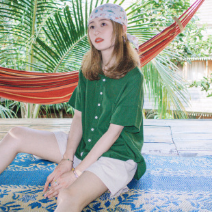 夏宽松衬衣 女2026新款 花吉B973绿色亚麻混纺垂坠感竹节短袖 衬衫