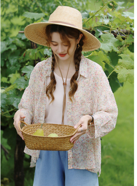 花吉B787莫奈花园田野风泡泡暗格纹清透碎花衬衫女2026新款夏衬衣
