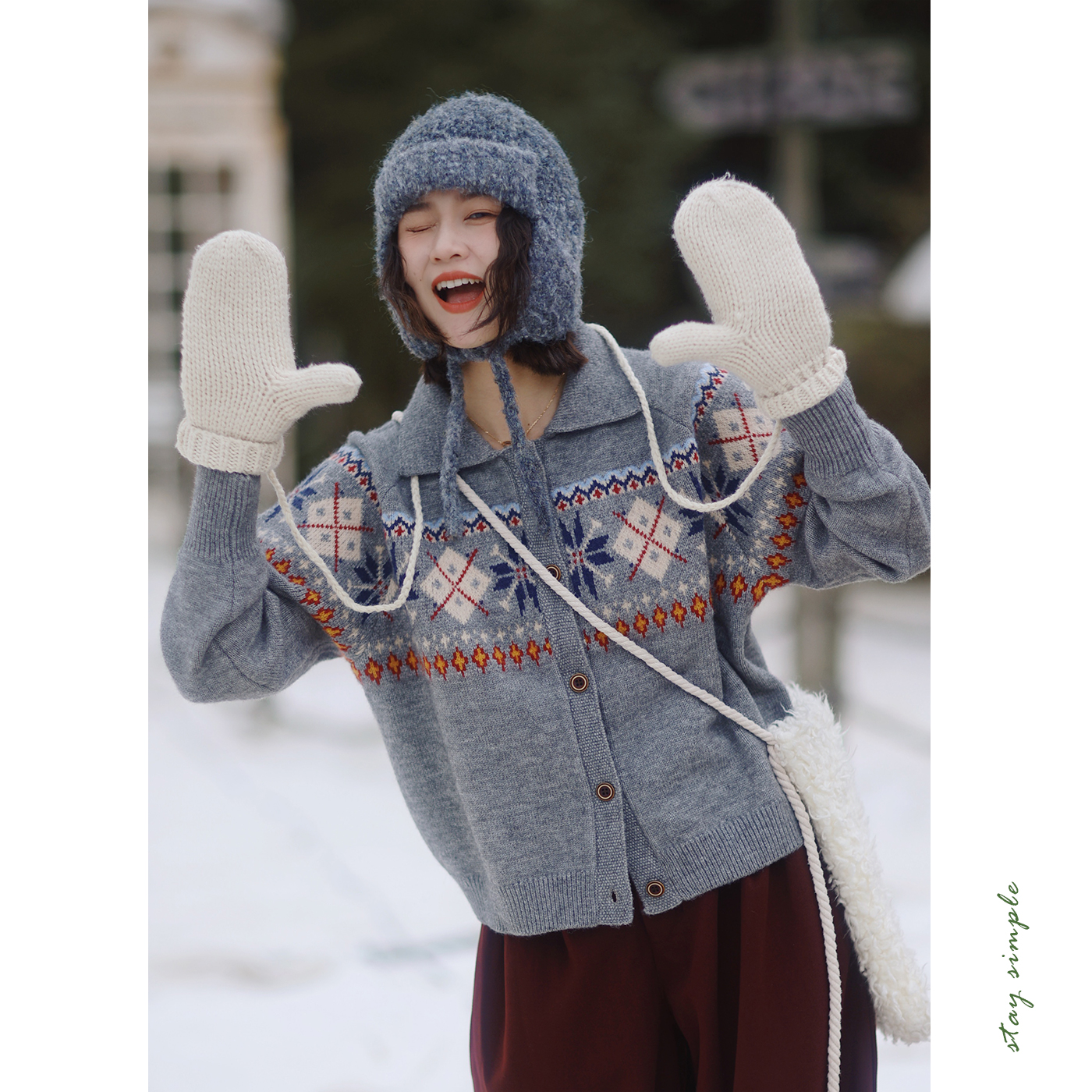 花吉灰色北欧风提花开衫毛衣外套