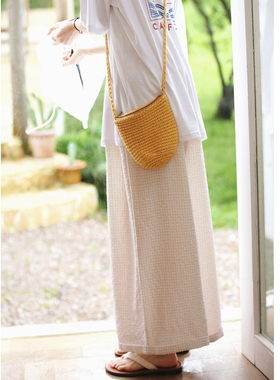 花吉K343浅卡其色宽松泡泡格纹阔腿裤女2026新款轻盈感休闲格子裤