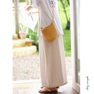 轻盈感休闲格子裤 花吉K343浅卡其色宽松泡泡格纹阔腿裤 女2025新款