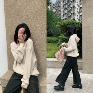 秋学院风休闲上衣 花吉C041杏色柔软华夫格宽松连帽卫衣女2026新款