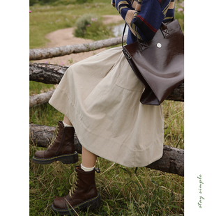 花吉Q561核桃色半松紧日系森女风宽松复古A字半身裙2025新款 秋