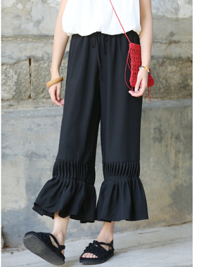 花吉L087黑色日系松紧腰系带垂感鱼尾打褶九分休闲裤女2026新款夏