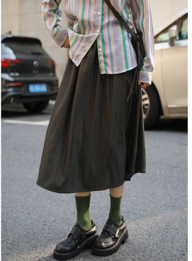 花吉Q553松灰色【+小元宝包】高腰光泽感伞裙2025新款秋半身裙