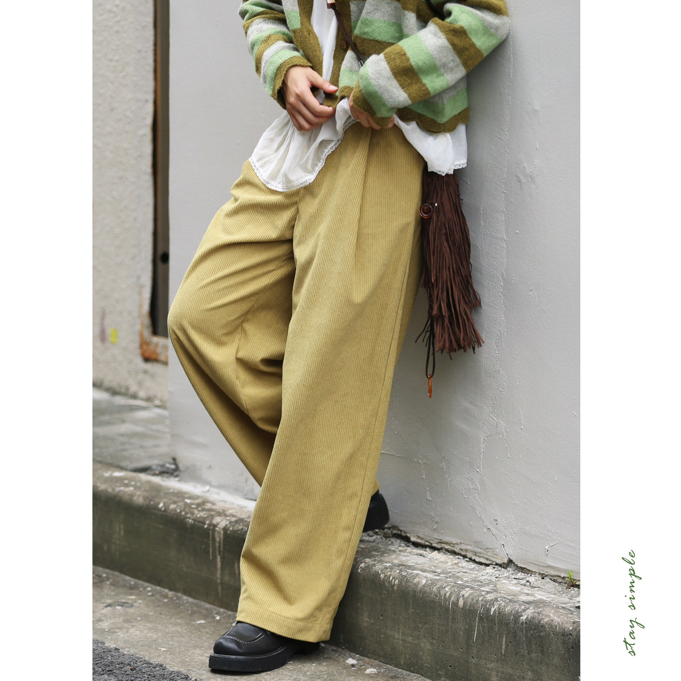 花吉黄色弹力复古灯芯绒休闲裤