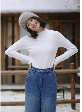 花吉C107白色双面绒小立领打底T恤女2025新款秋冬长袖甜美打底衫