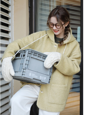 花吉B564小麦黄色连帽圈圈毛毛呢外套女2026新款冬季中长款上衣