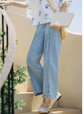 花吉K218浅蓝色高腰直筒中缝水洗牛仔裤女2025年新款夏垂感九分裤