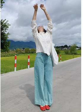 花吉L043青蓝色高腰复古宽松九分阔腿牛仔裤女2025新款秋阔腿裤