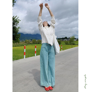 秋阔腿裤 花吉L043青蓝色高腰复古宽松九分阔腿牛仔裤 女2025新款