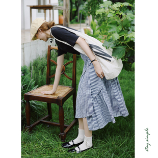 花吉Q494蓝色松紧腰层叠不规则剪裁格纹半身裙2025新款 夏格子裙