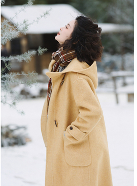 花吉C071日落黄色连帽牛角扣长款双面呢女2025新款冬季宽松大衣