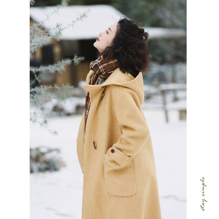 花吉C071日落黄色连帽牛角扣长款双面呢女2025新款冬季宽松大衣