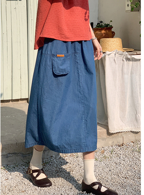 花吉Q521蓝色小元宝口袋直筒后开叉牛仔半身裙2026新款春牛仔裙