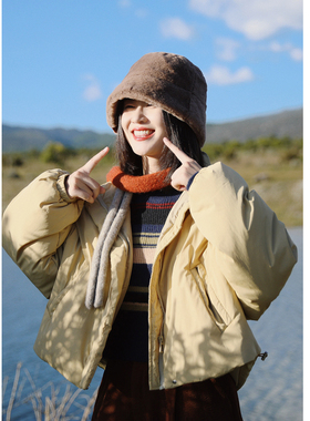 花吉C094芝士黄立领短款面包棉服女2026新款秋冬学院风宽松棉衣