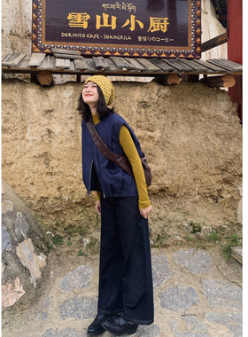 花吉C080蓝色花苞剪裁拉链宽松无袖牛仔马甲女2025新款秋马夹上衣