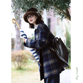 花吉C137深蓝色圆领复古格子条纹双面呢女2026新款 春毛呢外套大衣