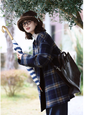 花吉C137深蓝色圆领复古格子条纹双面呢女2026新款春毛呢外套大衣