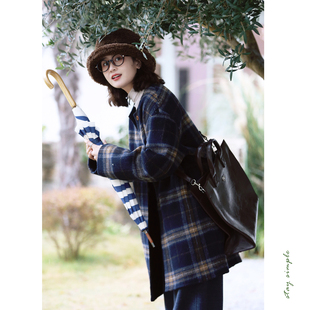 花吉C137深蓝色圆领复古格子条纹双面呢女2026新款 春毛呢外套大衣