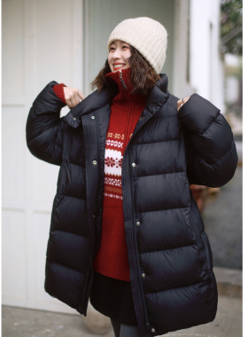 花吉C133黑色立领90绒泡芙羽绒服女2026新款冬宽松中长款送帽子