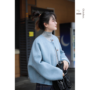 花吉C278雾蓝色日系圆领羊毛双面呢女2026新款秋冬短款毛呢外套